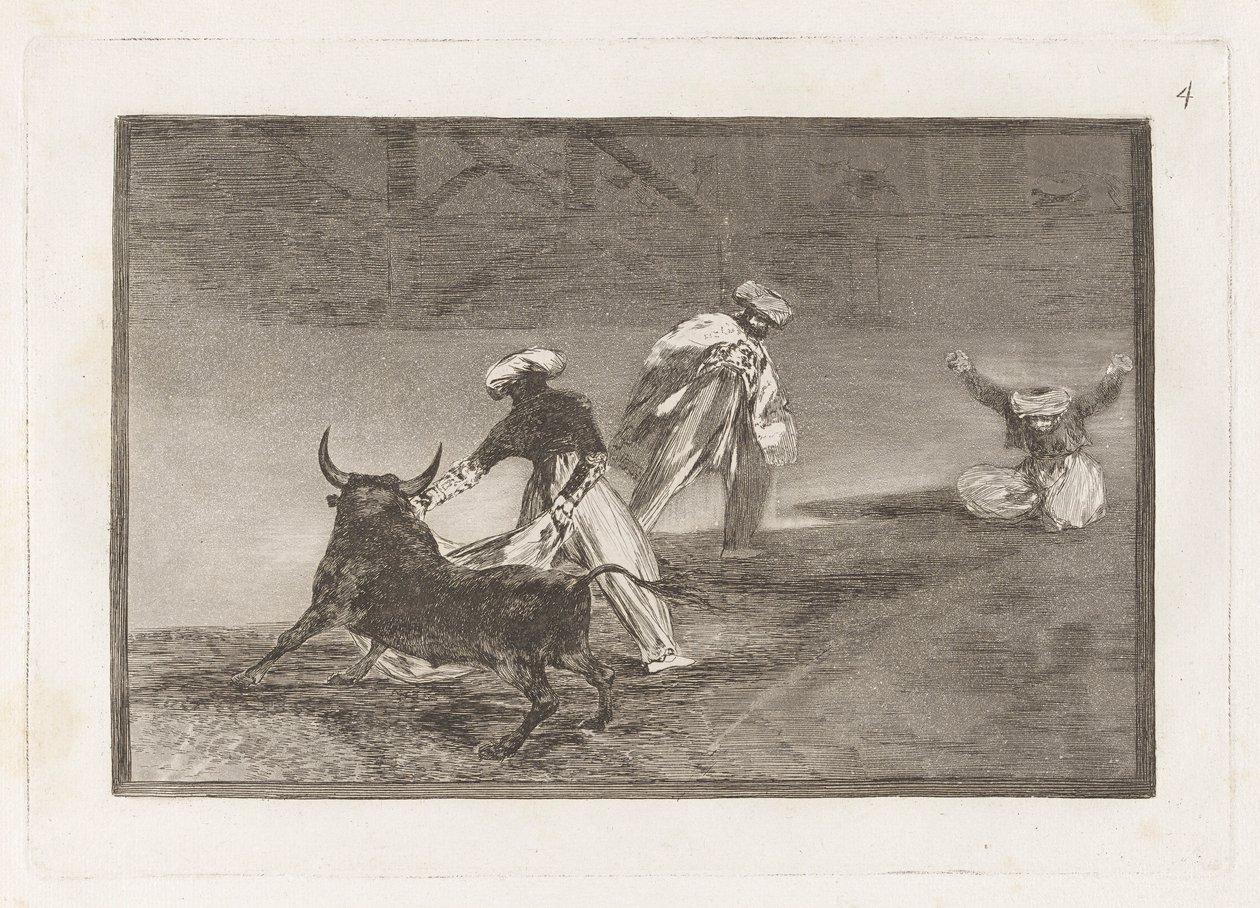 Capean otro encerrado (They Play Another with the Cape in the Enclosure), Tallrik 4 från La tauromaquia av Francisco de Goya