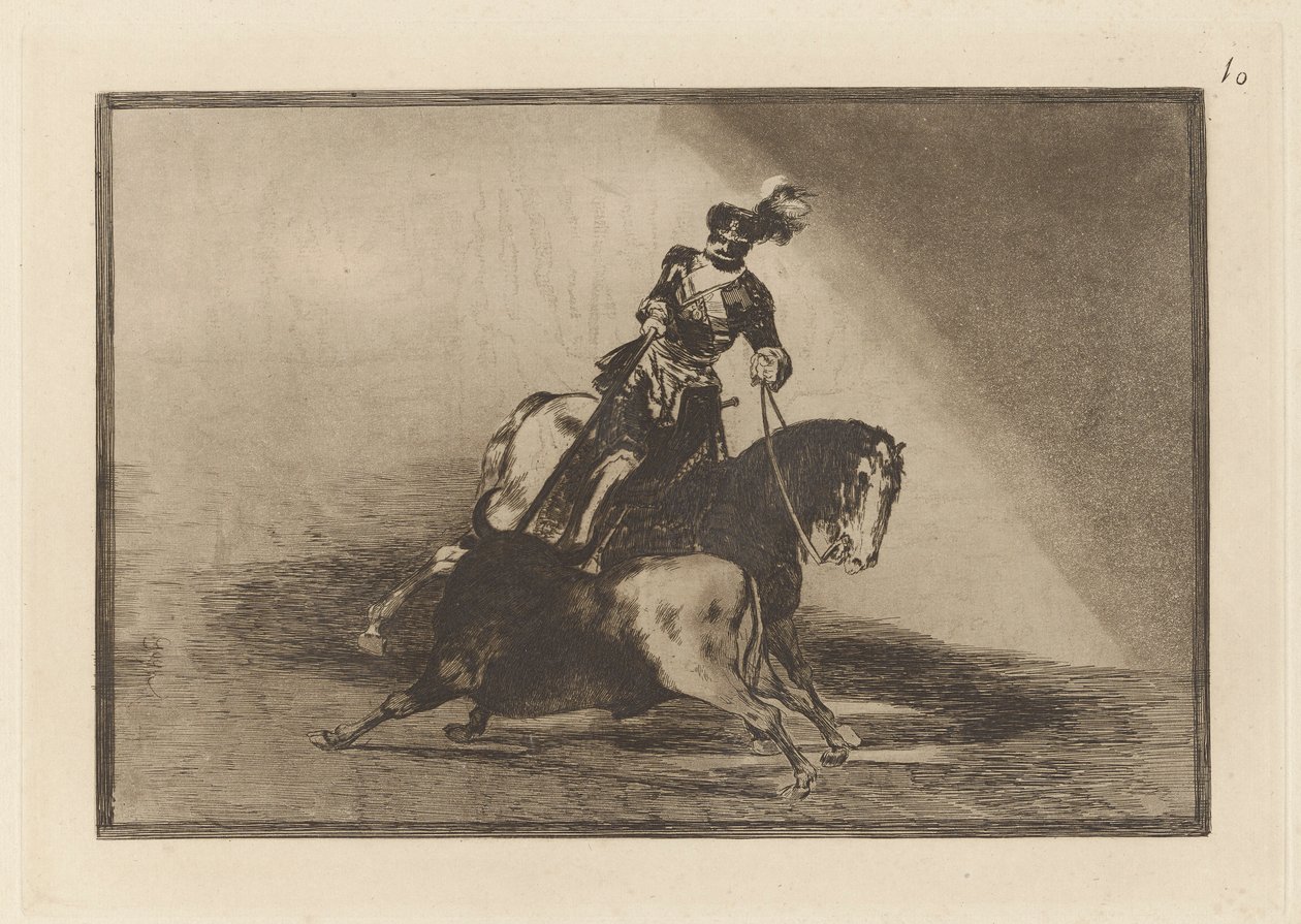 Carlos V. lanceando un toro en la plaza de Valladolid (Charles V. Spearing a Bull in the Ring at Valladolid), Tallrik 10 från La tauromaquia av Francisco de Goya