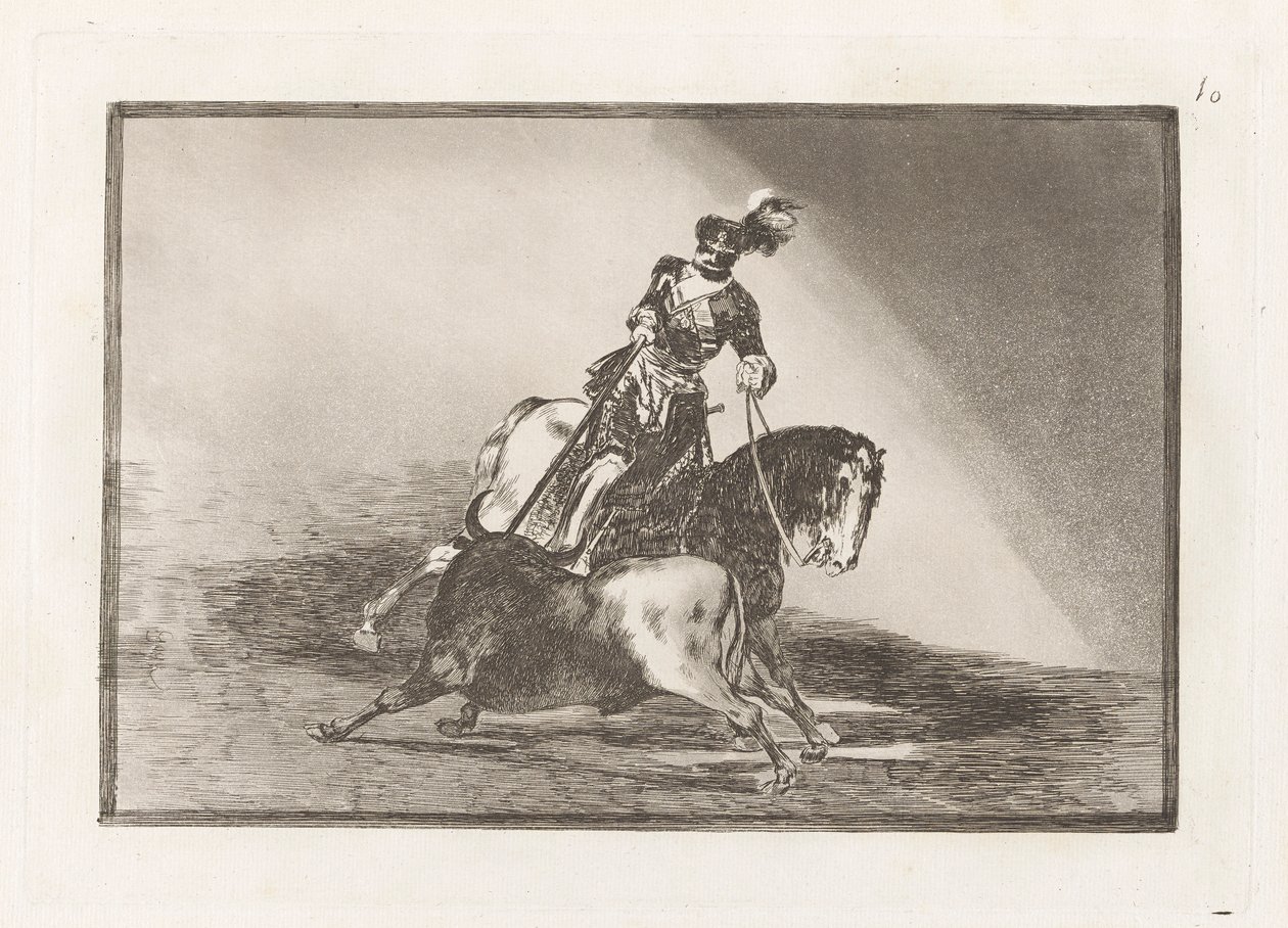 Carlos V. lanceando un toro en la plaza de Valladolid (Charles V spjuter en tjur i ringen vid Valladolid), skylt 10 från La tauromaquia av Francisco de Goya