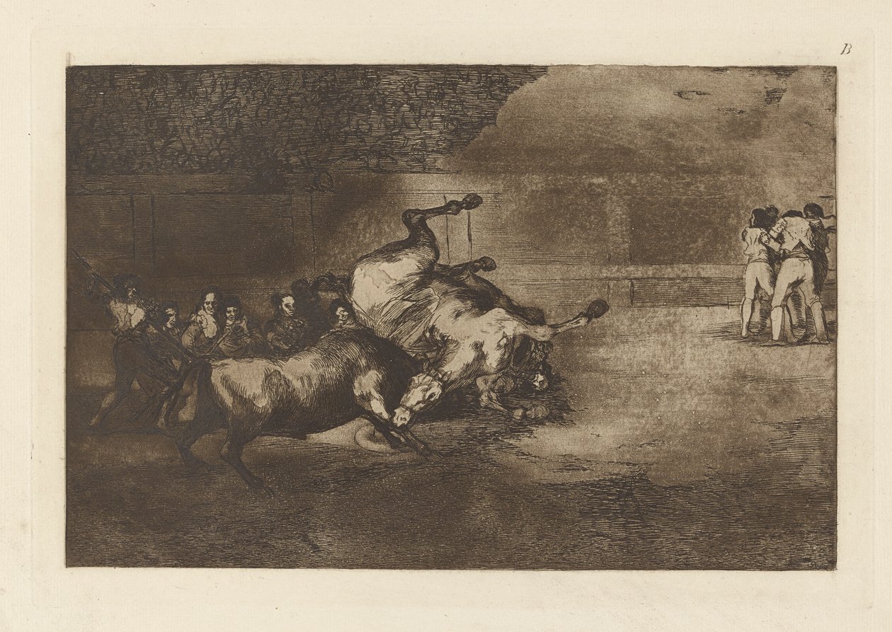 Häst kastad av en tjur, tavla B från La tauromaquia (tredje upplagan) av Francisco de Goya