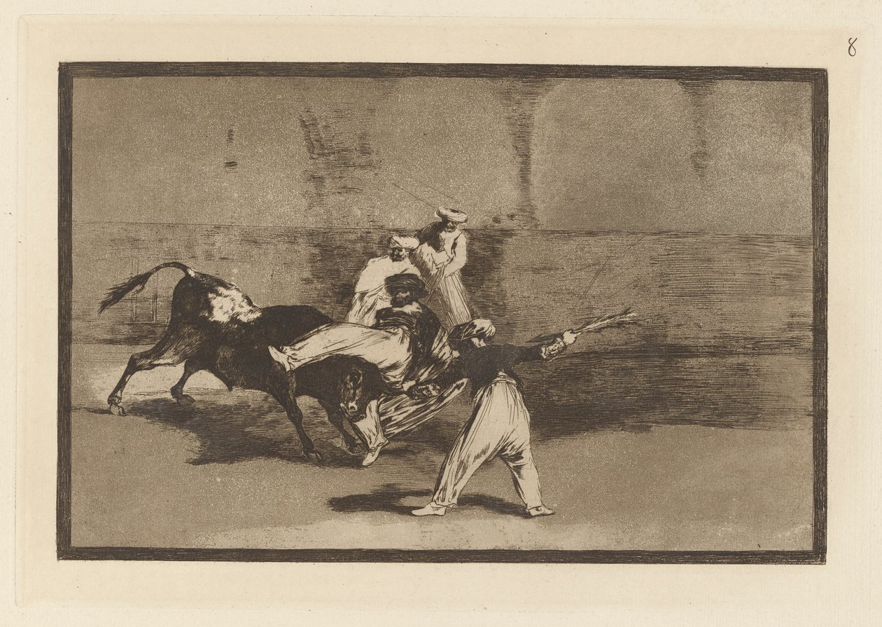 En hed fångad av tjuren i ringen, skylt 8 från La tauromaquia av Francisco de Goya
