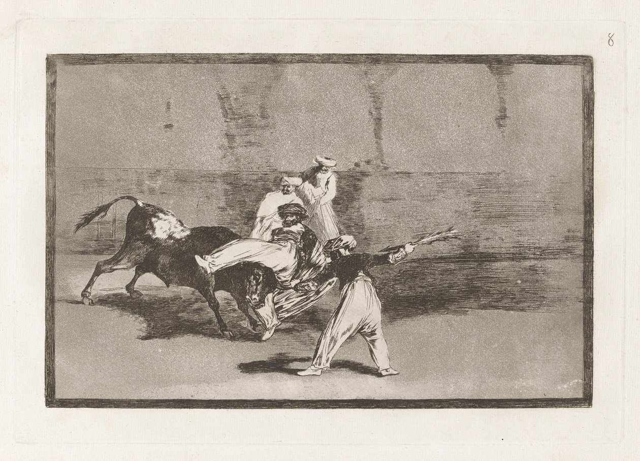 Cogida de un moro estando en la plaza (En mor som fångas av tjuren i ringen), tavla 8 från La tauromaquia av Francisco de Goya