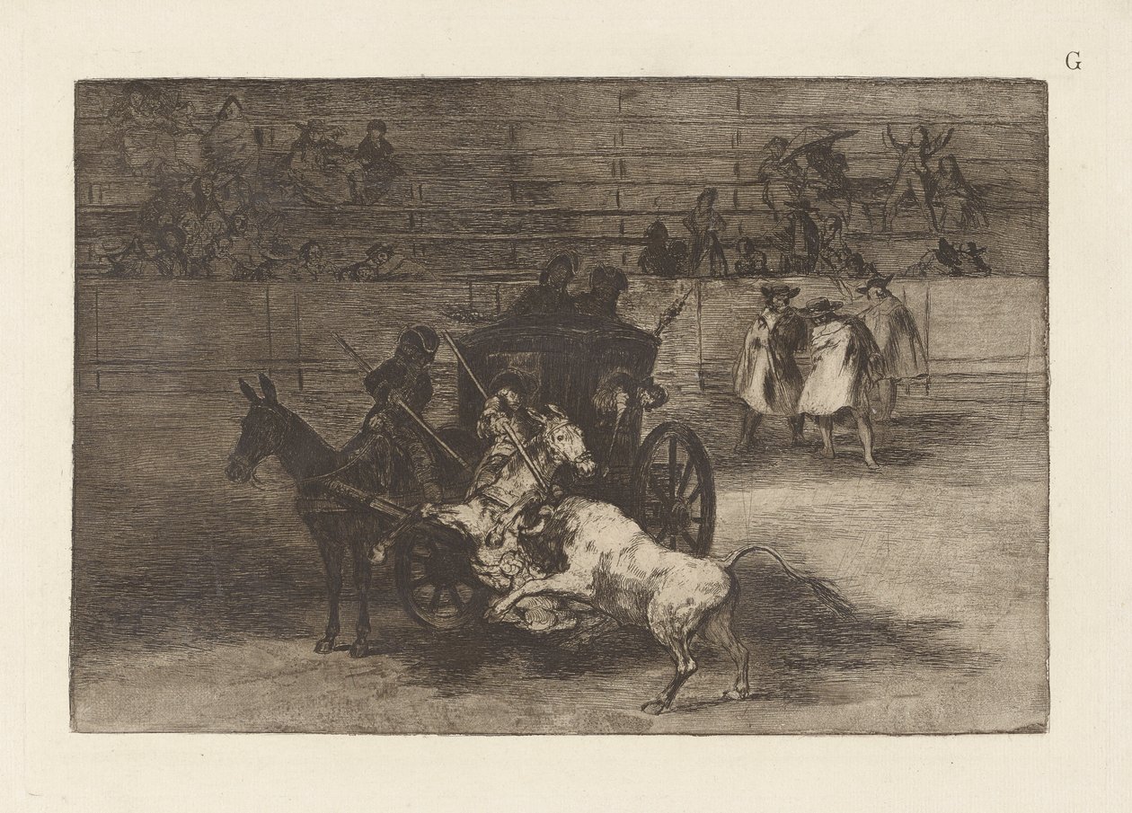 Slåss i en vagn kopplad till två mulor, tallrik G från La tauromaquia (tredje upplagan) av Francisco de Goya