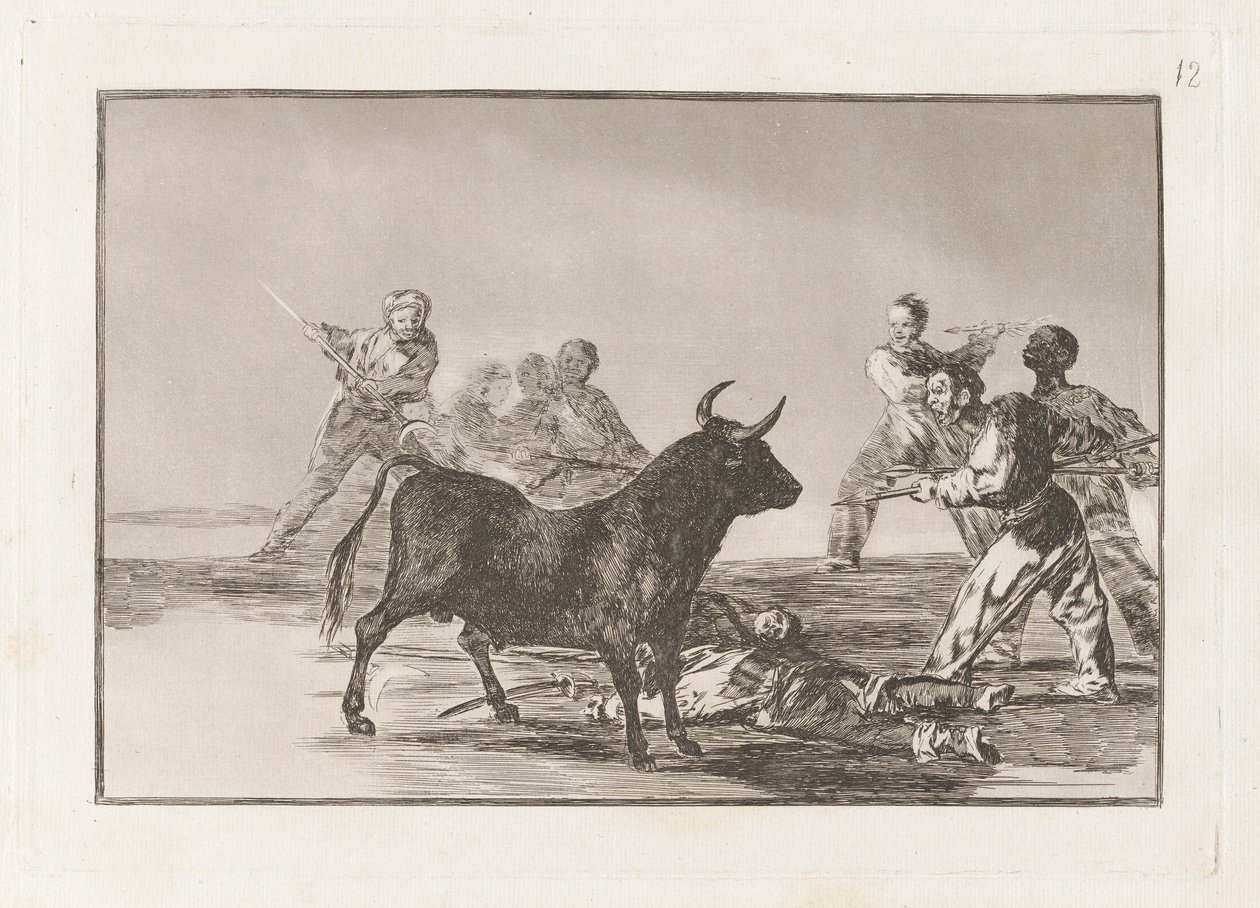 The Rabble Hamstring tjuren med lansar, skärar, banderillas och andra armar, tallrik 12 från La tauromaquia av Francisco de Goya