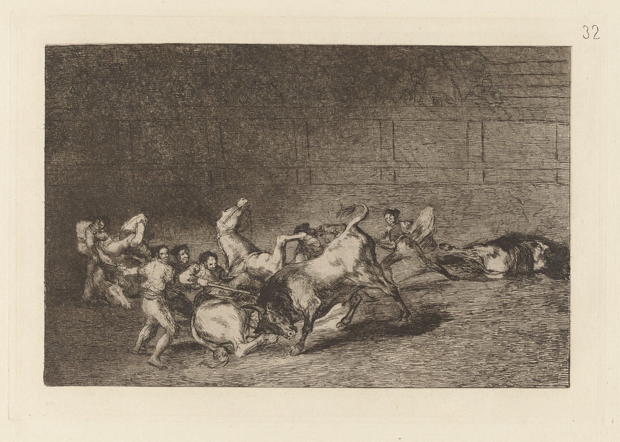 Två lag av Picadors kastade efter varandra av en enda tjur, tallrik 32 från La tauromaquia av Francisco de Goya