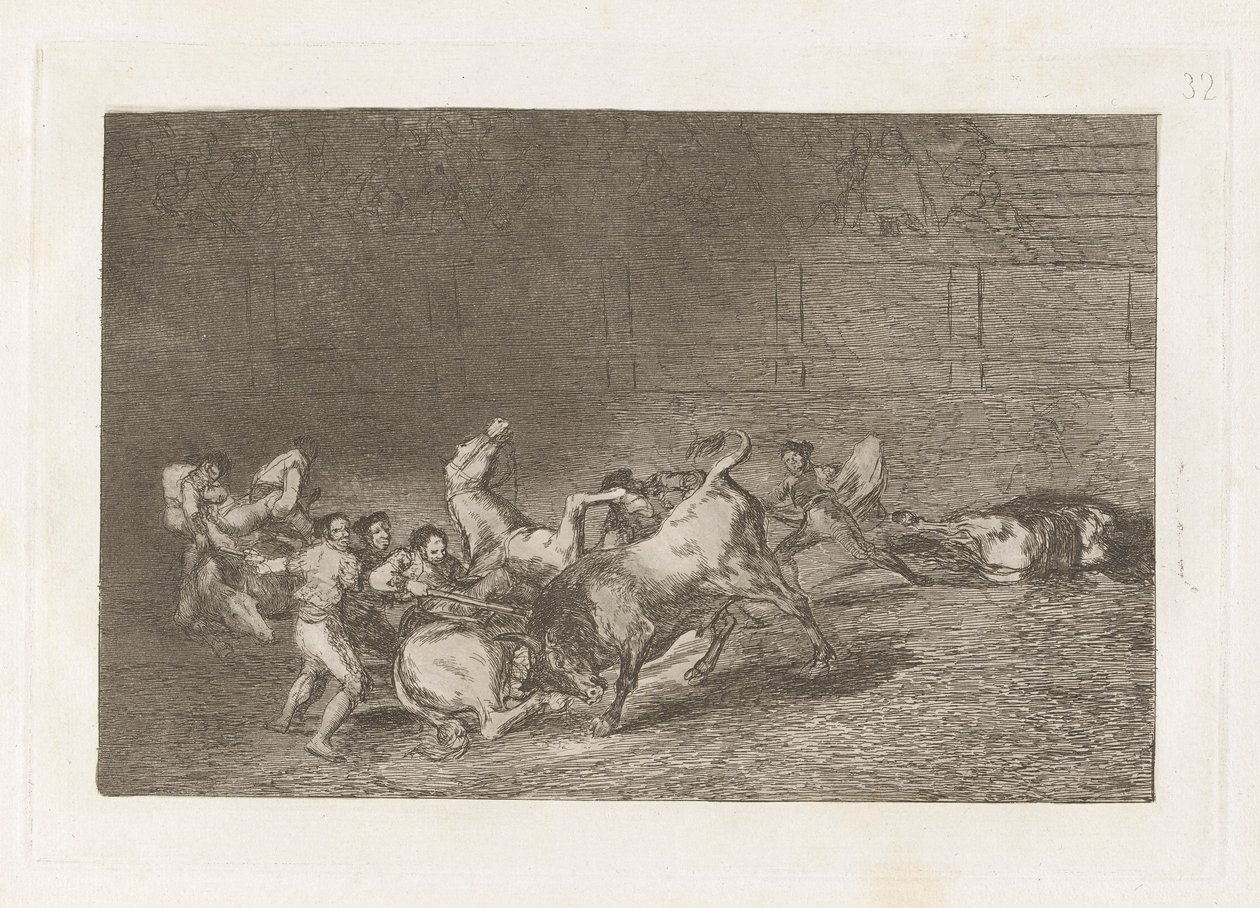 Två lag av Picadors kastade efter varandra av en enda tjur, tallrik 32 från La tauromaquia av Francisco de Goya