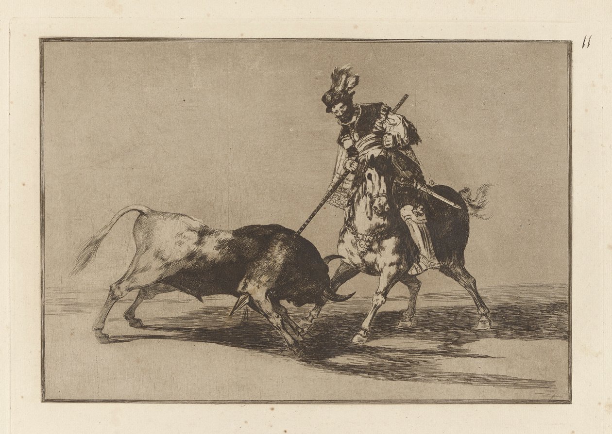 El Cid Campeador som spjuter en annan tjur (The Cid Campeador som spjuter en annan tjur), skylt 11 från La tauromaquia av Francisco de Goya