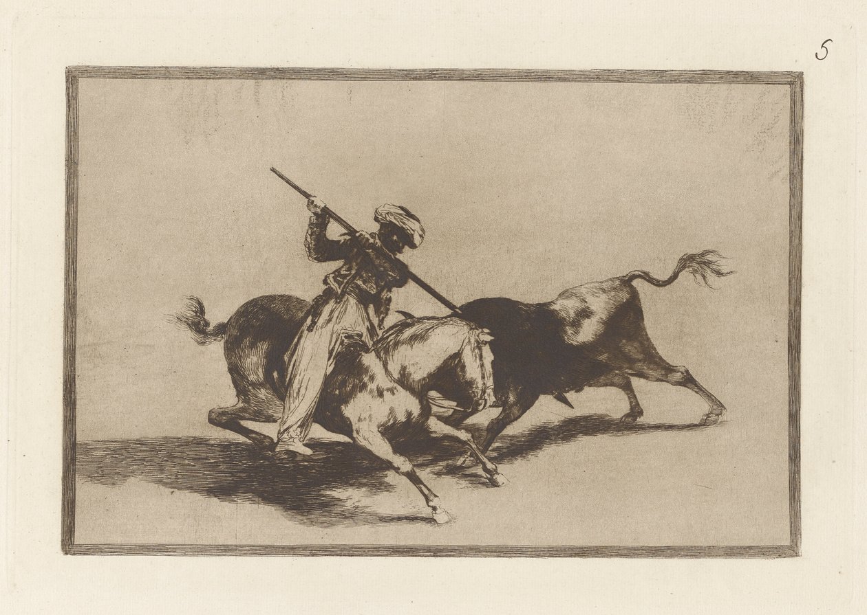 Den pigga Moro Gazul är den första att lansera? tjurar i ordning (The Spirited Moor Gazul är den första att spjuta tjurar enligt reglerna), Plåt 5 från La tauromaquia av Francisco de Goya
