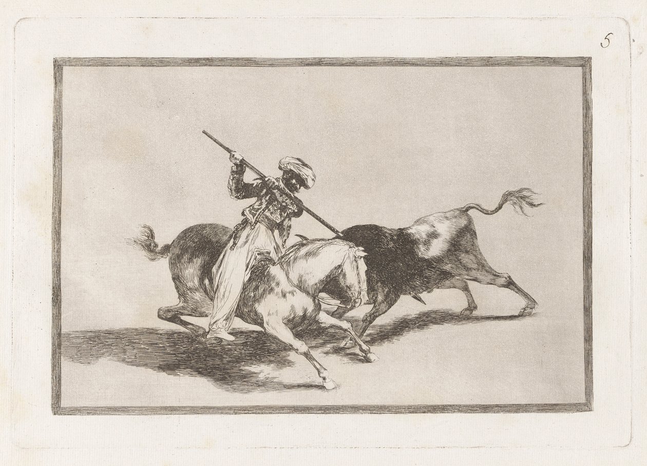 Är den pigga moriska Gazul den första att kasta? tjurar i regel (The Spirited Moor Gazul är den första att spjuta tjurar enligt reglerna), tavla 5 från La tauromaquia av Francisco de Goya