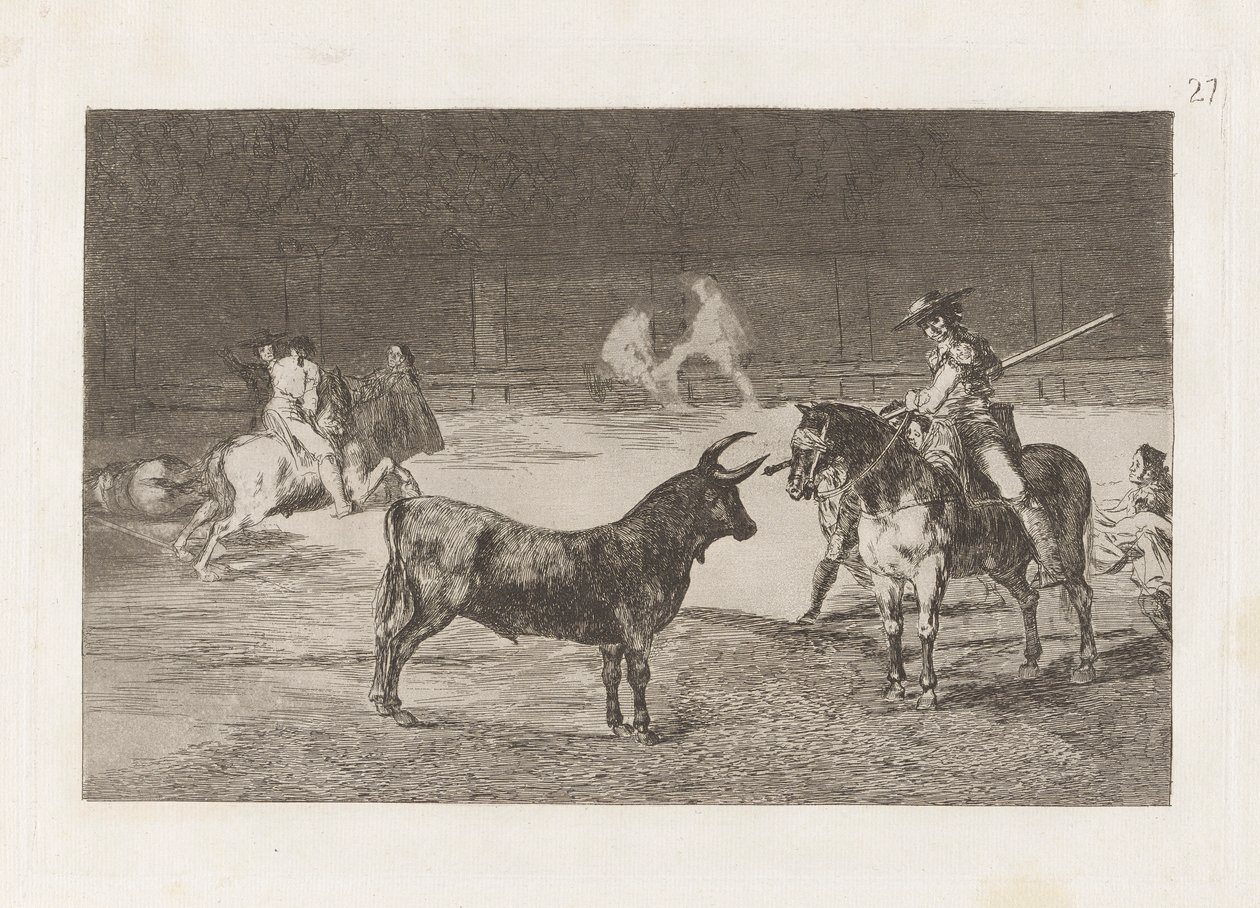 El c?lebre Fernando del Toro, barilarguero, tvingar odjuret med sin stång (Den hyllade Picadoren, Fernando del Toro, drar på det häftiga odjuret med sin piké), skylt 27 från La tauromaquia av Francisco de Goya