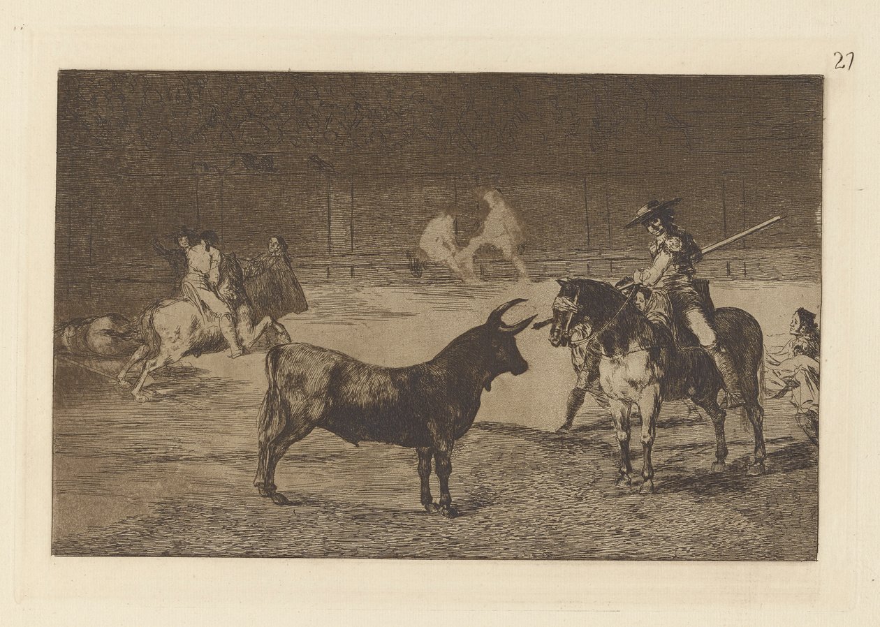 Den berömda Fernando del Toro, barilarguero, tvingar ? la Fiera con su garrocha (Den berömda Picadoren, Fernando del Toro, drar det häftiga odjuret på med sin piké), Tallrik 27 från La tauromaquia av Francisco de Goya