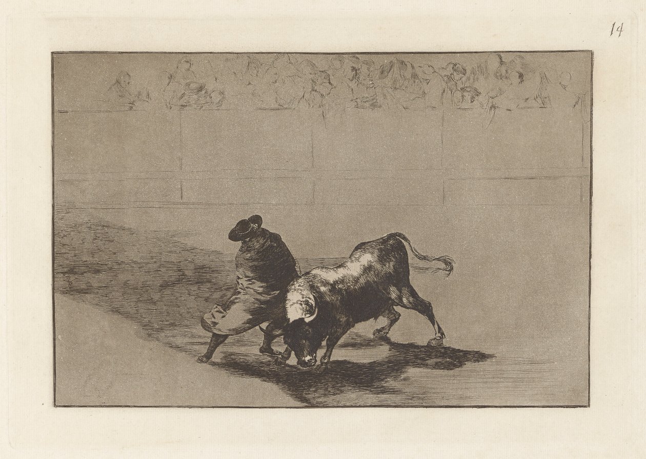 Diestr?sm-studenten av False, präglad retar tjuren med sina raster (The Very Skilful Student of False, Wrapped in his Cape, Trick the Bull with the Play of his Body), Plate 14 från The Tauromachia av Francisco de Goya