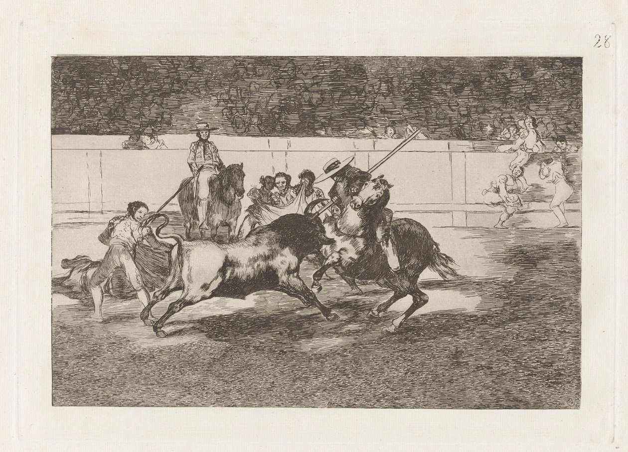 Den ansträngande Rendon som biter en tjur, av vems öde dog han? en la plaza de Madrid (Den kraftfulle Rendon hugger en tjur med pikén, från vilket pass han dog i Madrids ring), skylt 28 från La tauromaquia av Francisco de Goya