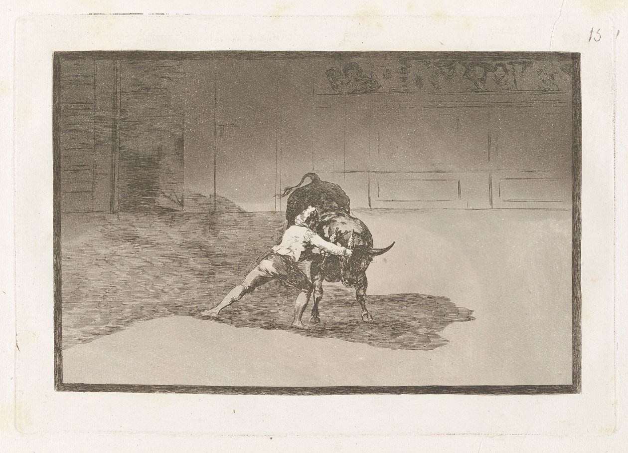 Den berömda Martincho sätter banderillas al quiebro (Den berömda Martincho Places the Banderillas Playing the Bull with the Movement of his Body), Tallrik 15 från La tauromaquia av Francisco de Goya