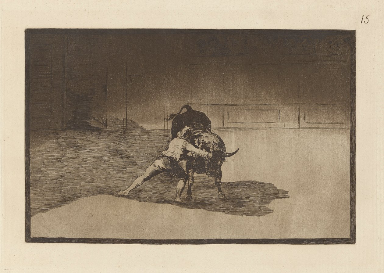 Den berömda Martincho, sätta banderillas till paus. (The Famous Martincho Places the Banderillas Playing the Bull with the Movement of his Body), Tavla 15 från La tauromaquia av Francisco de Goya