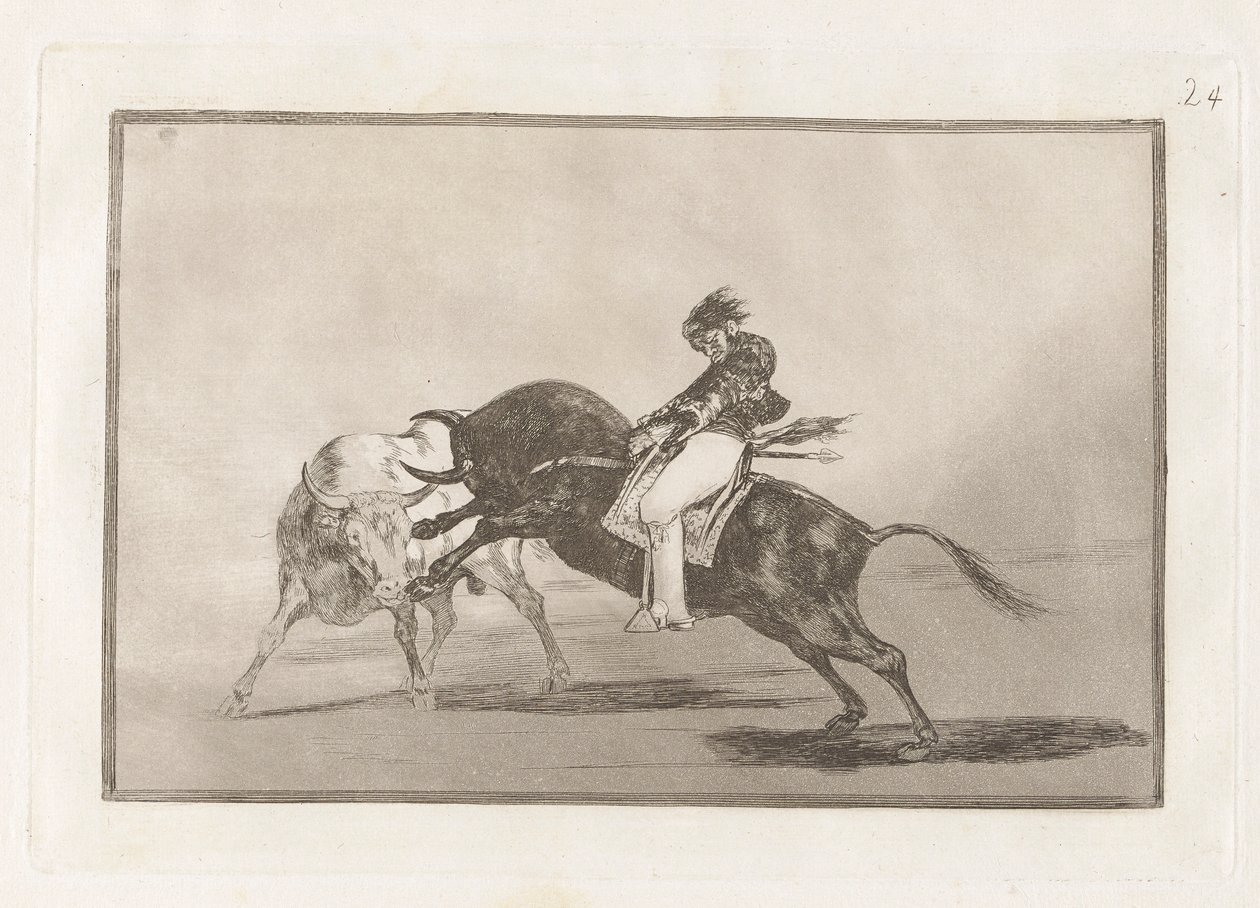 Samma Ceballos monterad på en annan tjur bryter korta spjut i ringen i Madrid, skylt 24 från La tauromaquia av Francisco de Goya