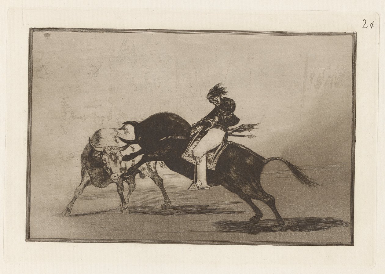 Samma Ceballos monterad på en annan tjur bryter Rejones på Plaza de Madrid (Samma Ceballos monterad på en annan tjur bryter korta spjut i ringen i Madrid), skylt 24 från La tauromaquia av Francisco de Goya