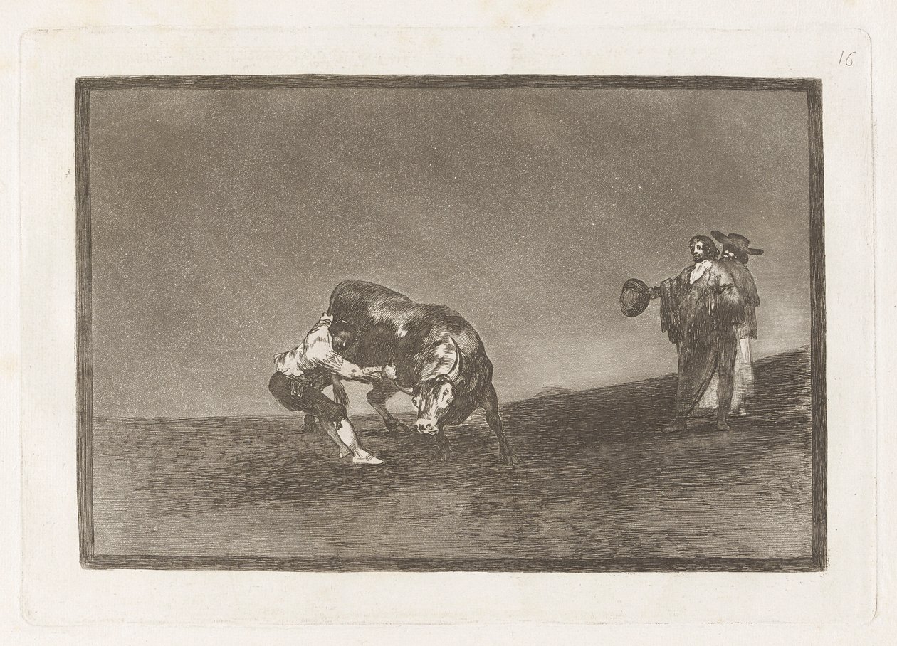 Han själv dumpar en tjur på torget i Madrid (Samme man kastar en tjur i ringen i Madrid), skylt 16 från La tauromaquia av Francisco de Goya