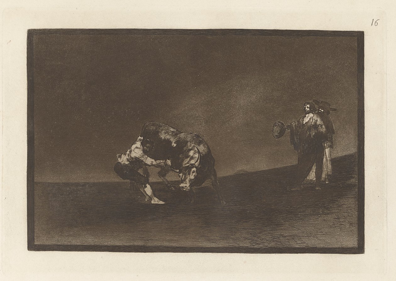 Han själv dumpar en tjur på torget i Madrid (Samme man kastar en tjur i ringen i Madrid), skylt 16 från La tauromaquia av Francisco de Goya