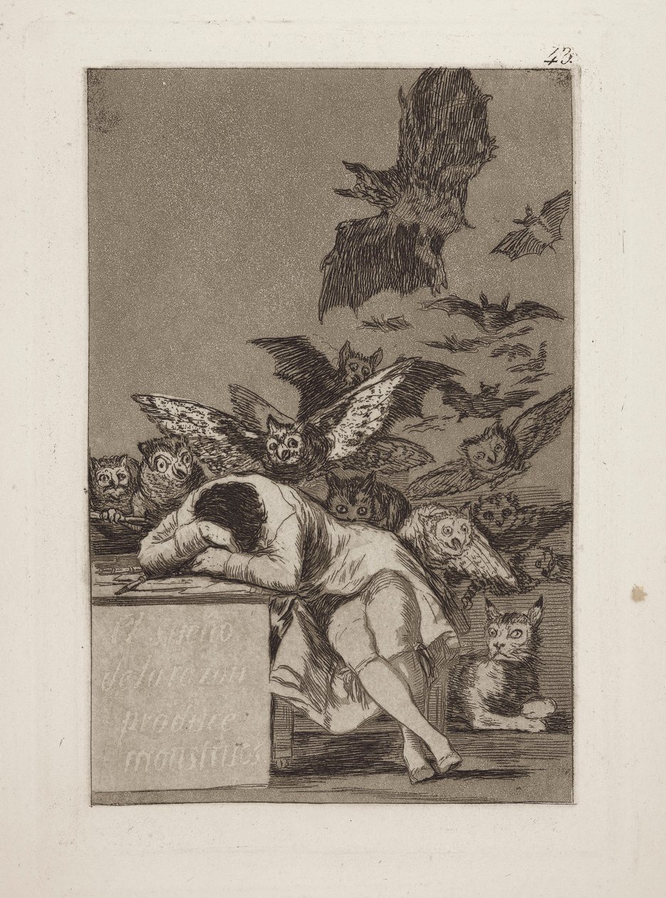 Drömmen om anledningen producerar monster. (Förnuftets sömn skapar monster.), pl. 43 från serien The whims av Francisco de Goya