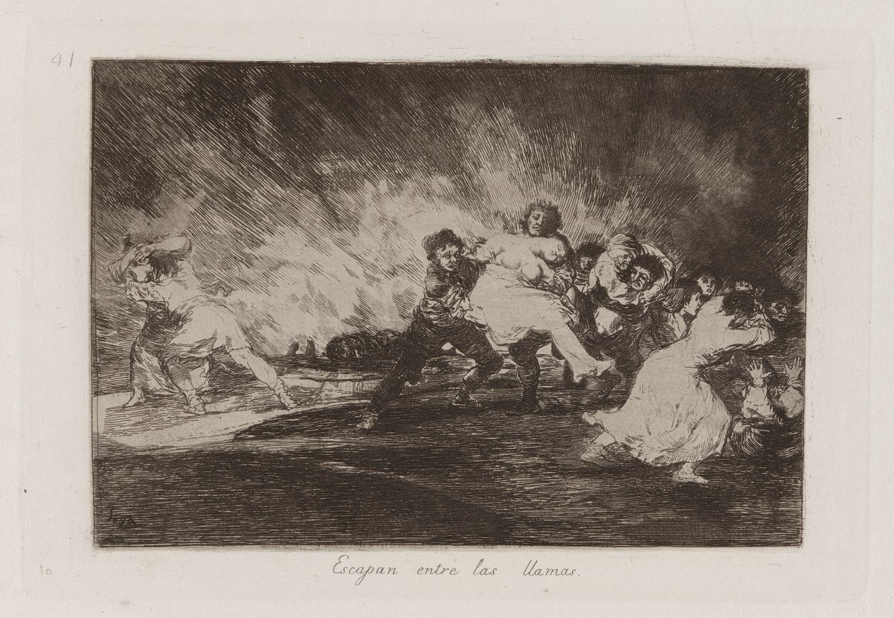 De flyr genom lågorna, tavla 41 från The Disasters of War av Francisco de Goya