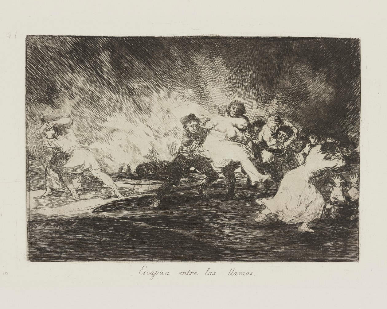 De flyr genom lågorna. (De flyr genom lågorna.), pl. 41 från serien The Disasters of War av Francisco de Goya