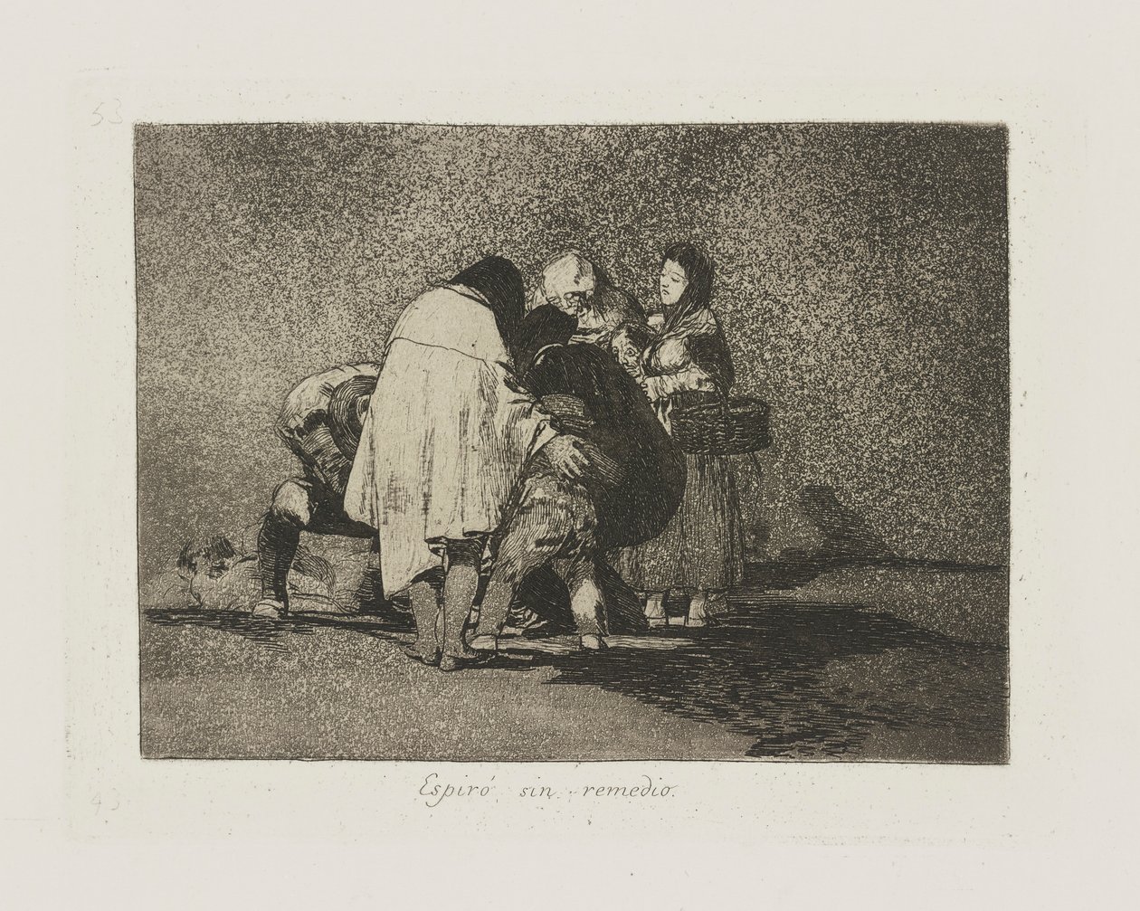 Espir? synd remedie. (Det fanns inget att göra och han dog.), pl. 53 från serien Los desastres de la guerra (Krigets katastrofer) av Francisco de Goya