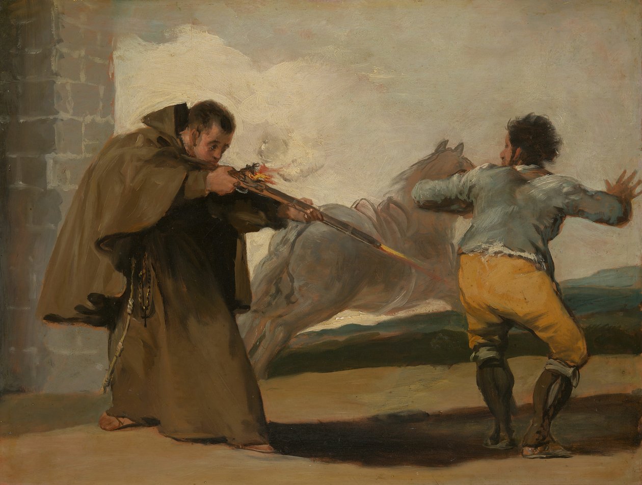 Broder Pedro skjuter El Maragato när hans häst springer iväg, ca. 1806. av Francisco de Goya