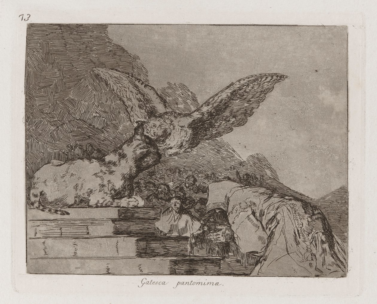 Gatesque Pantomime (Feline Pantomime), skylt 73 från The Disasters of War av Francisco de Goya