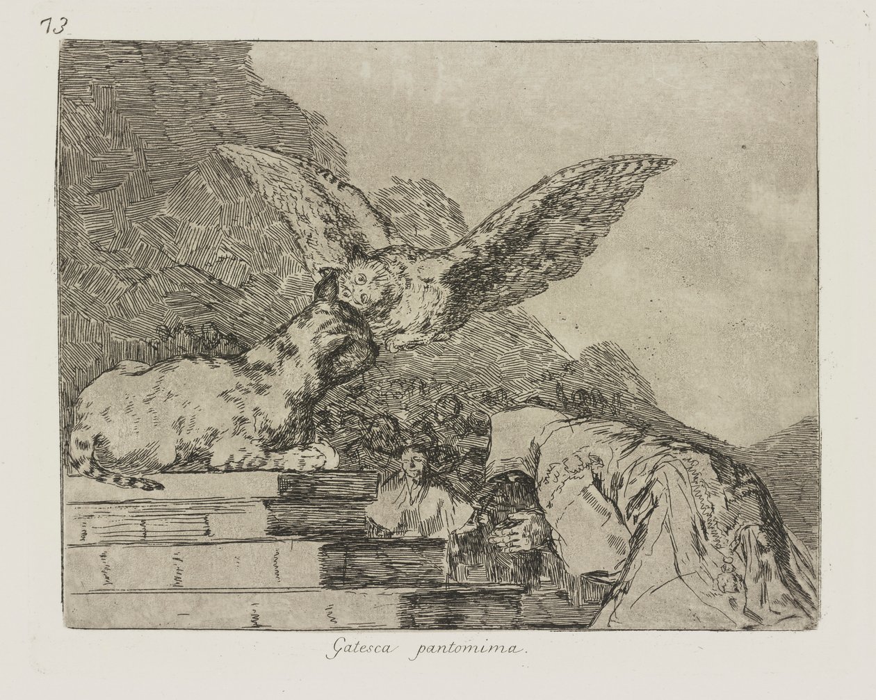 Gatesk pantomim. (Feline Pantomime.), pl. 73 från serien The Disasters of War av Francisco de Goya