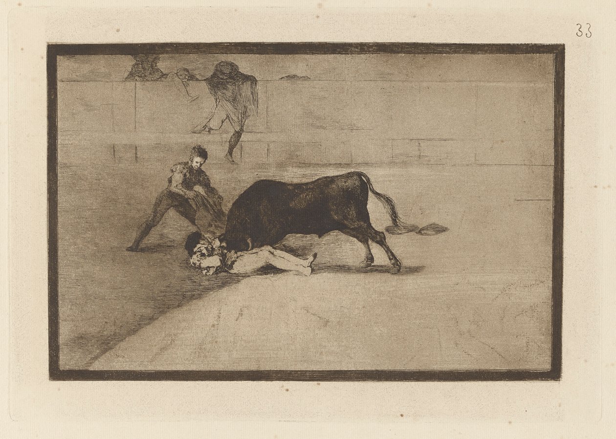 Pepe Illos olyckliga död i ringen i Madrid (Pepe Illos olyckliga död i ringen i Madrid), skylt 33 från La tauromaquia av Francisco de Goya