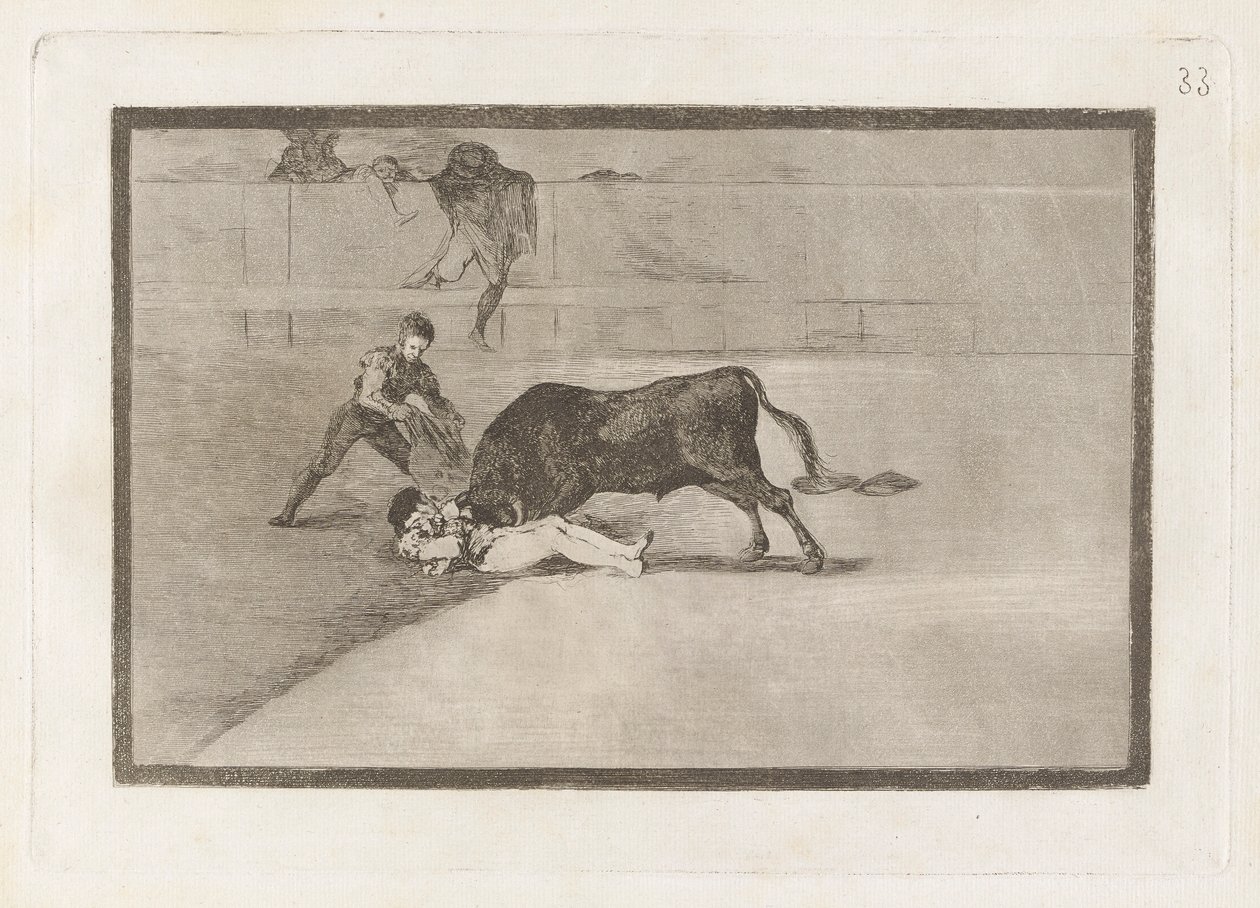 Pepe Illos olyckliga död i ringen i Madrid (Pepe Illos olyckliga död i ringen i Madrid), skylt 33 från La tauromaquia av Francisco de Goya