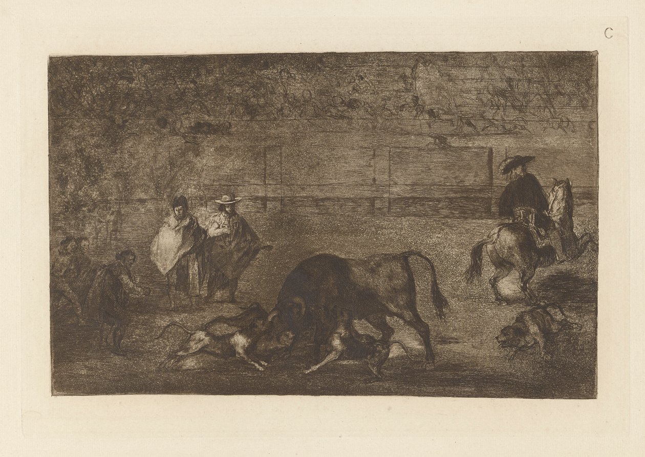 The Dogs Losse on the Bull, Plate C från La tauromaquia (tredje upplagan) av Francisco de Goya