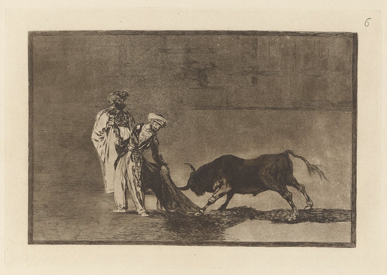 Morerna gör ännu en capeo på torget med sin albornoz (The Mors Make a Different Play in the Ring Calling the Bull with their Burnous), Plåt 6 från La tauromaquia av Francisco de Goya