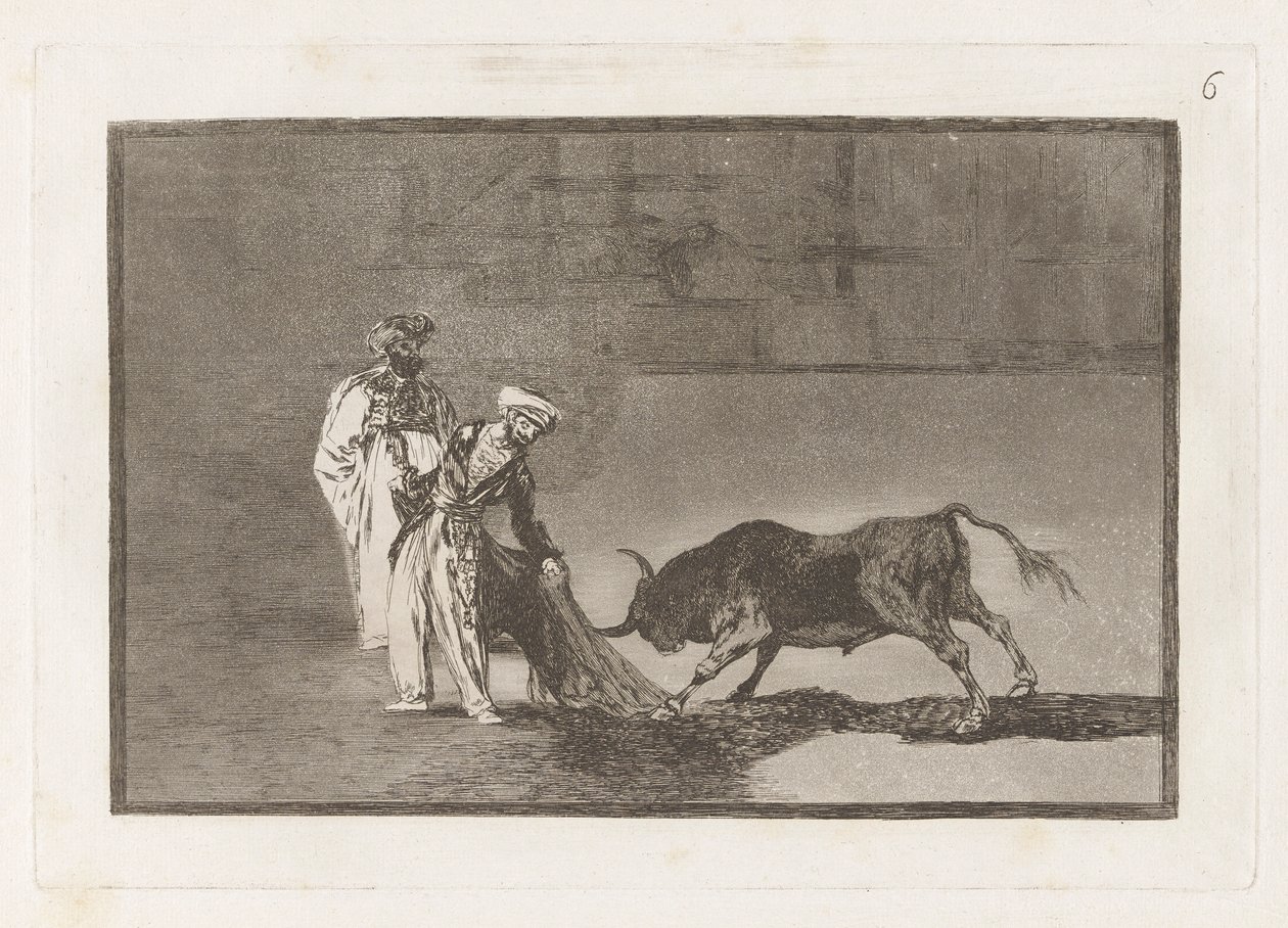 Morerna gör en annan capeo på torget med sin albornoz (morerna gör en annan lek i ringen och kallar tjuren med sin brinnande), Tavla 6 från La tauromaquia av Francisco de Goya