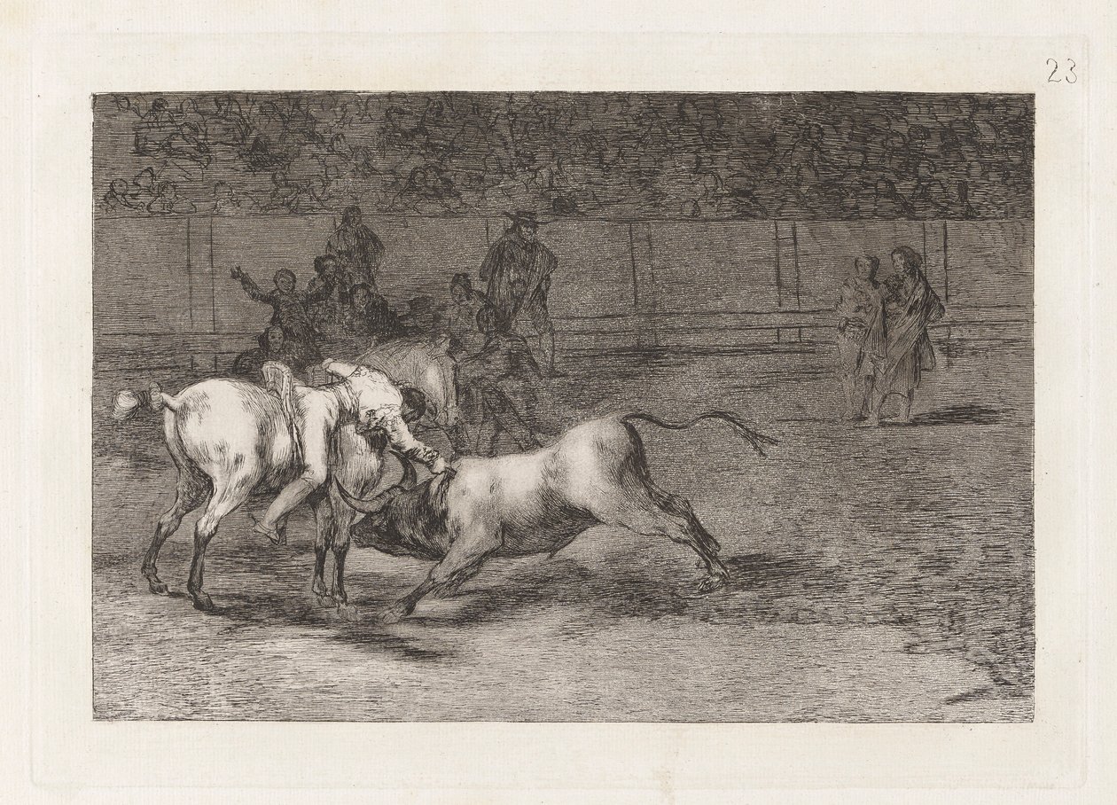 Mariano Ceballos, alias indianen, dödar tjuren från sin häst (Mariano Ceballos, Alias ​​​​indian, dödar tjuren från sin häst), skylt 23 från La tauromaquia av Francisco de Goya