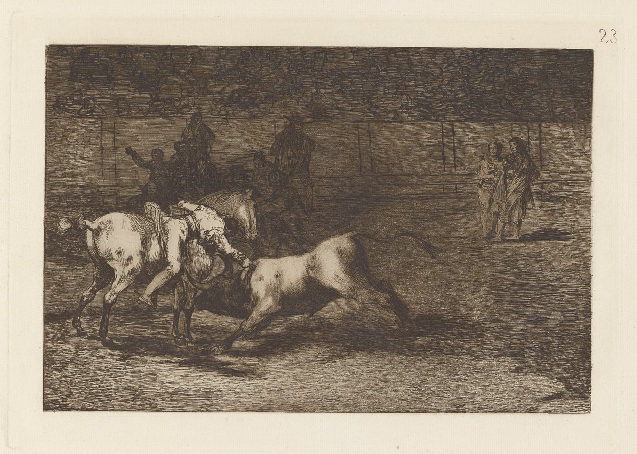 Mariano Ceballos, alias indianen, dödar tjuren från sin häst (Mariano Ceballos, Alias ​​​​indian, dödar tjuren från sin häst), skylt 23 från La tauromaquia av Francisco de Goya