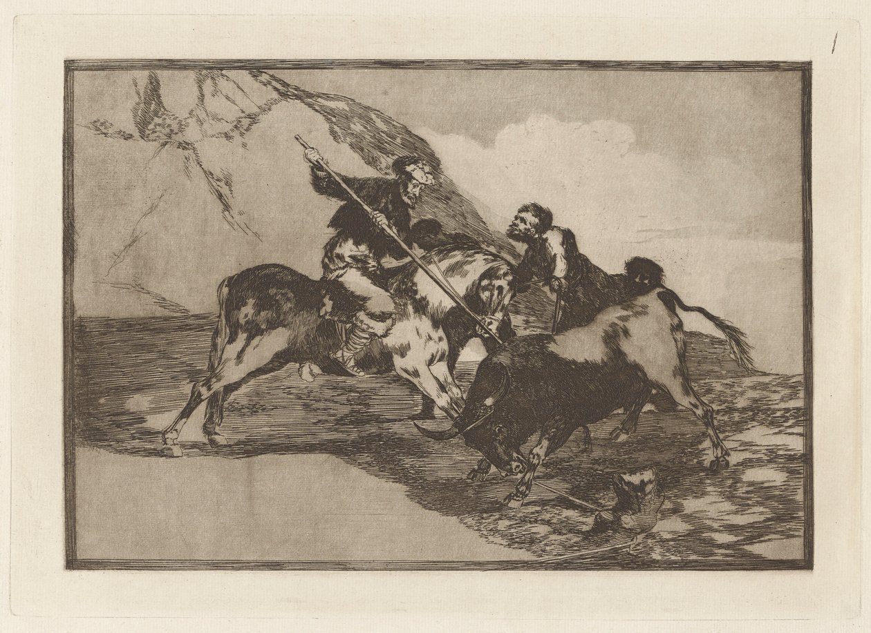 Hur jagade de gamla spanjorerna tjurar? häst i fält (Sättet på vilket de gamla spanjorerna jagade tjurar till häst i det öppna landet), tavla 1 från La tauromaquia av Francisco de Goya