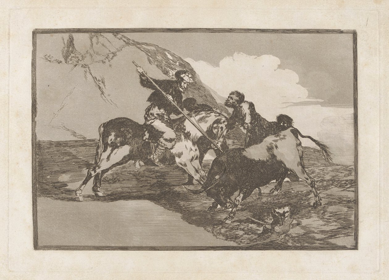 Hur jagade de gamla spanjorerna tjurarna? häst i fält (Sättet på vilket de gamla spanjorerna jagade tjurar till häst i det öppna landet), tavla 1 från La tauromaquia av Francisco de Goya
