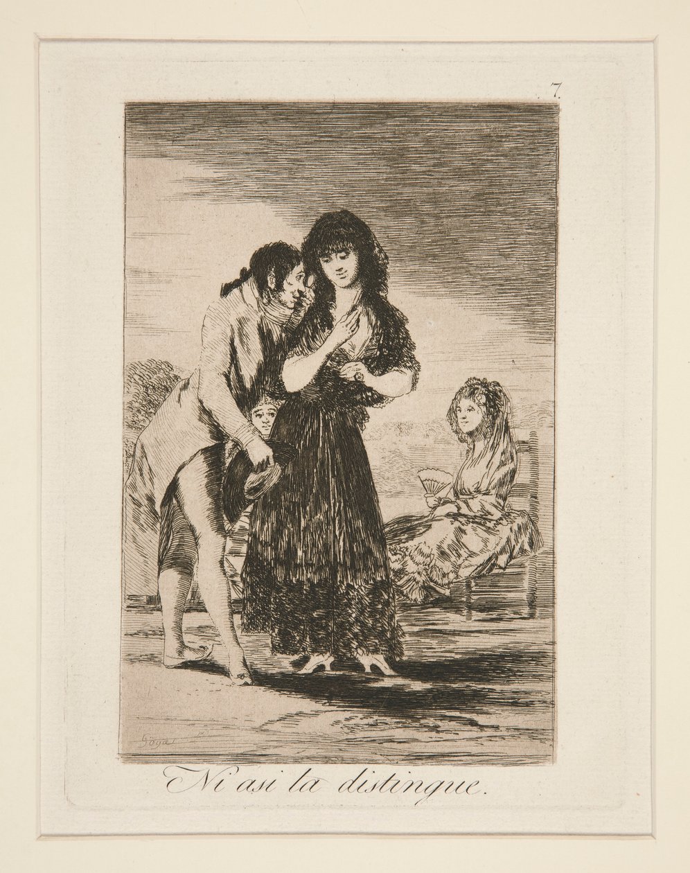 Ni asi la distingue (även så kan han inte göra henne ut), pl. 7 från Los caprichos av Francisco de Goya