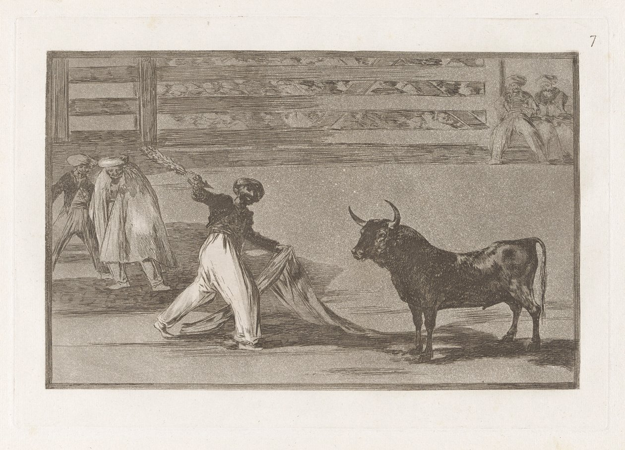 Harpunernas ursprung? banderillas (Harpunernas ursprung eller Banderillas), tallrik 7 från La tauromaquia av Francisco de Goya