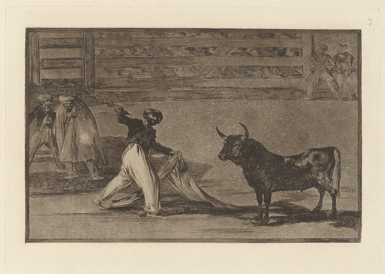 Harpunernas ursprung? banderillas (Harpunernas ursprung eller Banderillas), tallrik 7 från La tauromaquia av Francisco de Goya