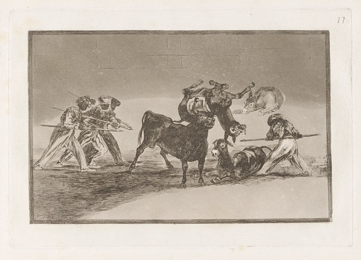 Palenque de los moros hecho con burros para defenderse del toro embolado (morerna använder åsnor som en barriär för att försvara sig mot tjuren vars horn har tippats med bollar), skylt 17 från La tauromaquia av Francisco de Goya