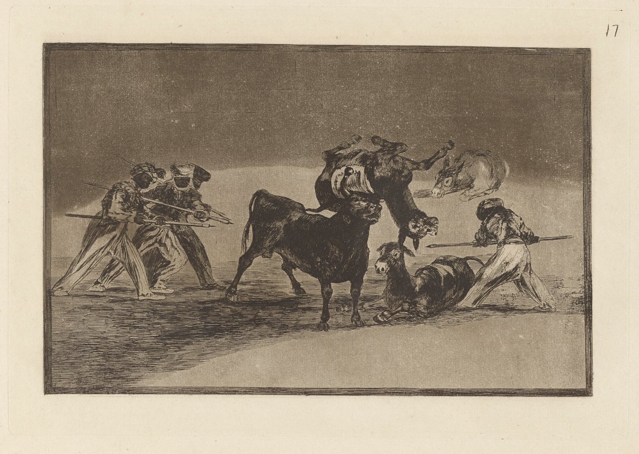 Palenque de los moros hecho con burros para defenderse del toro embolado (morerna använder åsnor som en barriär för att försvara sig mot tjuren vars horn har tippats med bollar), skylt 17 från La tauromaquia av Francisco de Goya