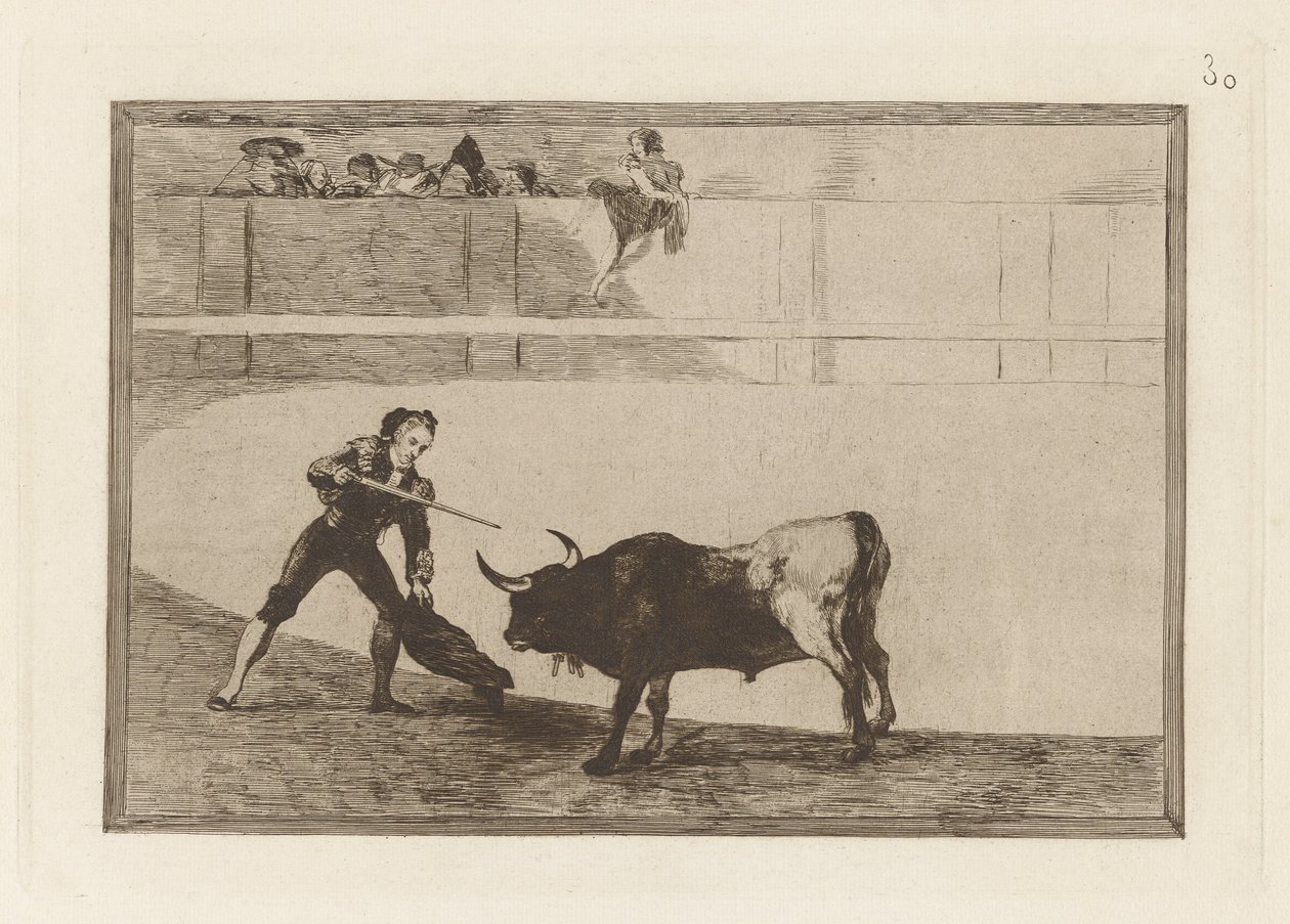 Pedro Rosemary? till stående tjur (Pedro Romero Killing the Halted Bull), Plåt 30 från The Bull Machinery av Francisco de Goya