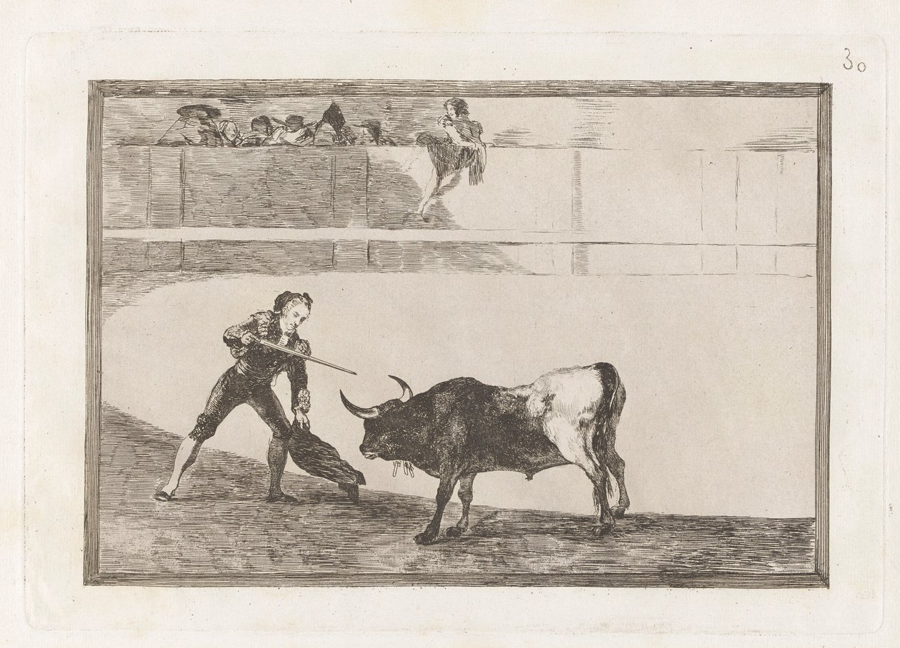 Pedro Romero dödar? stående tjur (Pedro Romero Killing the Halted Bull), skylt 30 från La tauromaquia av Francisco de Goya