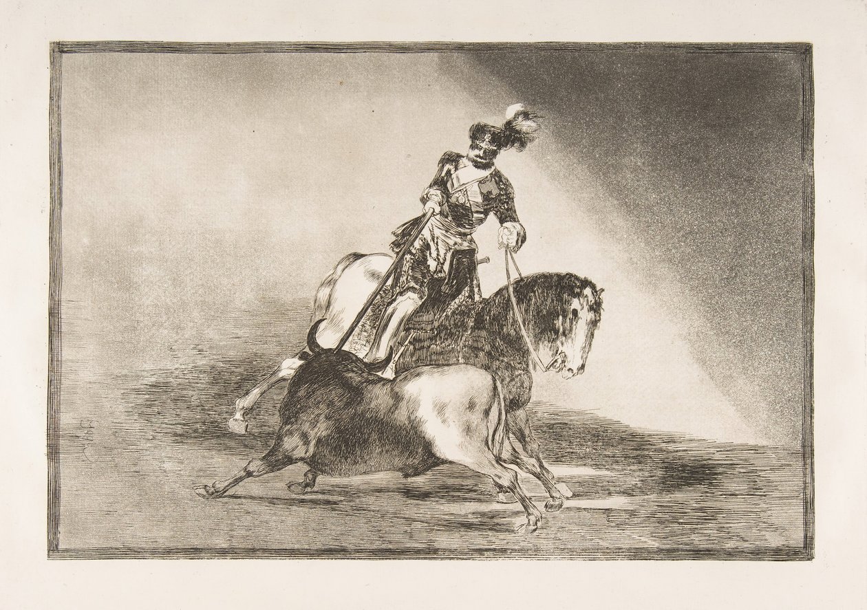 Plåt 10 från La Tauromaquia: Karl V spjutar en tjur i ringen vid Valladolid, 1816. av Francisco de Goya