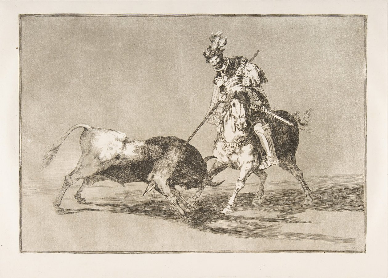 Platta 11 från Tauromaquia: Cid campeador som spjuter en annan tjur., 1816. av Francisco de Goya