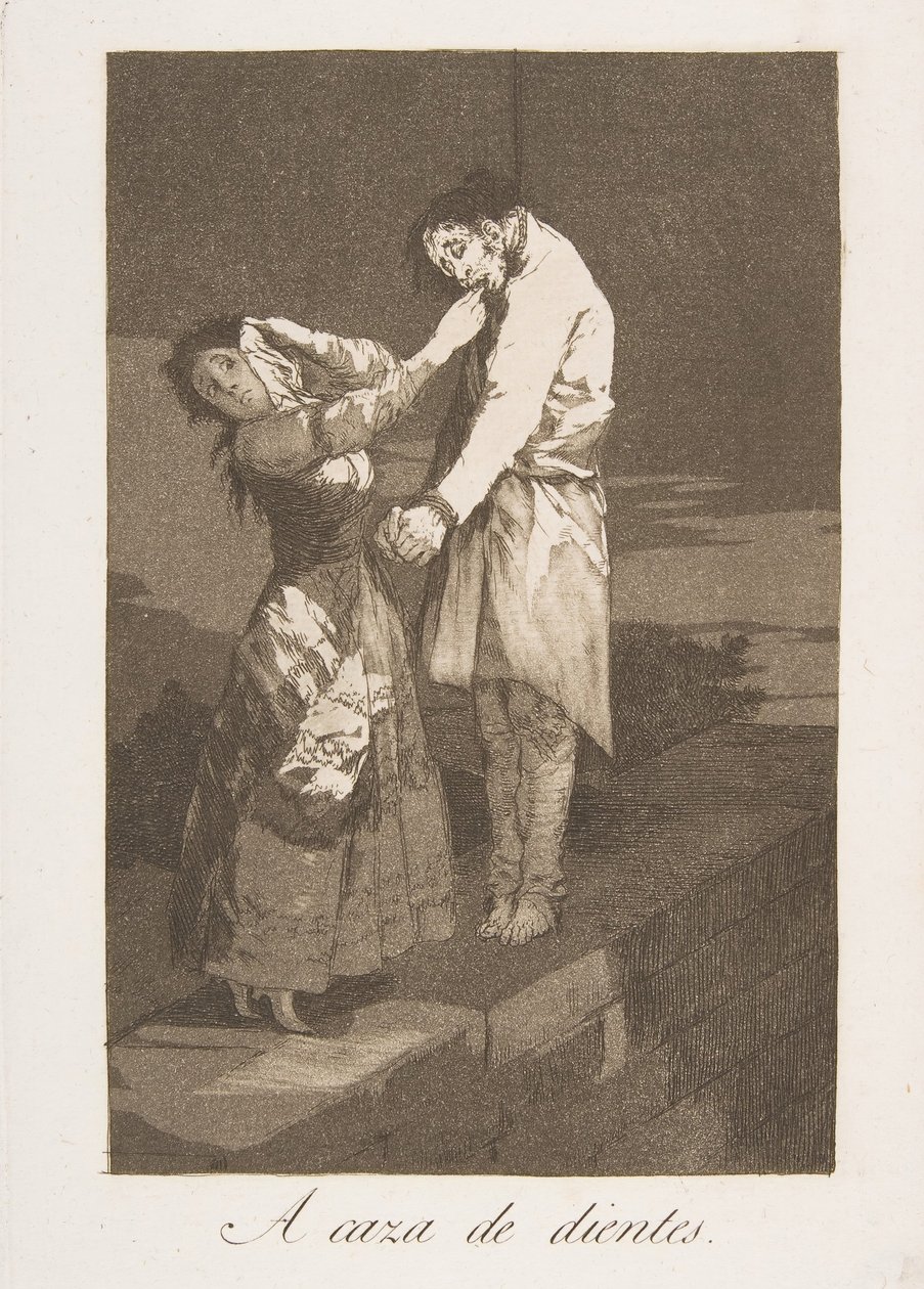 Plåt 12 från Los Caprichos: På jakt efter tänder A caza de dientes., 1799. av Francisco de Goya