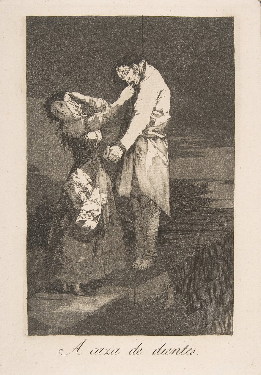 Plåt 12 från Los Caprichos: På jakt efter tänder A caza des dientes., 1799. av Francisco de Goya